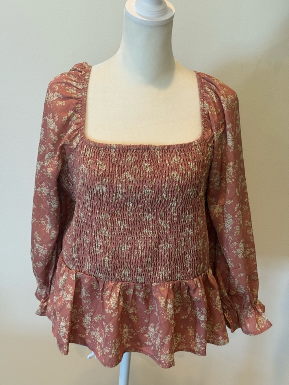 Paper Crane Dusty Rose Floral Smocked Square-Neck Peplum Top